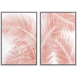 SIGNWIN Framed Canvas Print Wall Art Set Tropical Red Pastel Palm Leaf Plants Nature Wilderness Illustrations Modern Art Decorative Rustic Chic for Living Room, Bedroom, Office - 24"x36"x2 White