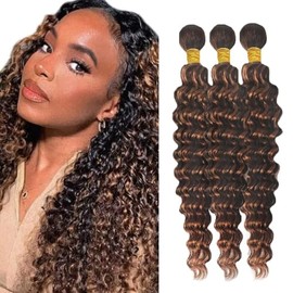 Labamiya Deep Wave Human Hair Bundles 18 20 22 Inch Brazilian Chocolate Brown Highlight P4/30 Deep Wave Bundles Human Hair Soft Hair Extensions