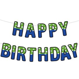 Blue & Green Cartoon Happy Birthday Banner, Cartoon Animation Birthday Banner with Ribbon & Threader Lettering Garland for Kids Adults Home Wall Door Window Party Hanging Decor