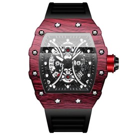Tiong Black Red Men's Barrel Shaped Business Quartz Watch，Non Mechanical Watches for Men,Luminous Waterproof Silicone Men's Quartz Watch-Black Red
