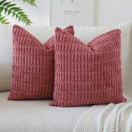 JOTOM Set of 2 Corduroy Soft Striped Cushion Covers 45x45 cm Decorative Throw Pillow Covers Square Cushion Case Home Boho Decor Pillow Cases for Couch Sofa Bedroom 18x18 Inch (Cranberry Red)