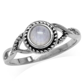 Silvershake 5MM Round Shape Cabochon Stone 925 Sterling Silver Minimalist Modern Wavy Ring Jewelry for Women, 8, Sterling Silver Rhodium/White Gold & Antique Finishing, genuine moonstone