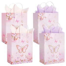 Beebeecraft 12 Sets 2 Colors Butterfly Goodie Bags 4.3x8.3x10.7 Inch with Pink Purple Tissue Paper Rectangle Floral Paper Bags with Handles for Birthday Party Favor Wedding (Watercolor Style)