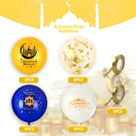 AhfuLife Pack of 32 Ramadan Mubarak Balloons Decoration, Star Moon Blue White & Gold Balloons Ramadan Kareem Decoration for Muslim Islamic Party Umrah Eid Mubarak Decoration