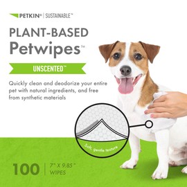 Petkin Plant-Based PetWipes, 100 Wipes - Biobased, Sustainable, Big & Thick Pet Wipes for Dogs & Cats - for Face, Paws, Ears, Body & Eye Area - Consciously Cleans & Conditions - Unscented