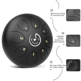 Rain Drum for Outside- Steel Tongue Drum 6 inch 8 Notes C-Key Handpan Drum Percussion Instrument Ethereal Drum w/Bag,Music Book and Mallets for Music Education,Yoga Meditation,Mind Healing(Black)