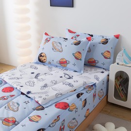 qjmiaofang Space Zipper Bedding Sets Twin Universe Comforter Set 4Pieces Galaxy Themed All in One Zipper Bed Set Planets Stars Rocket Printed Bed in A Bag for Home Decor