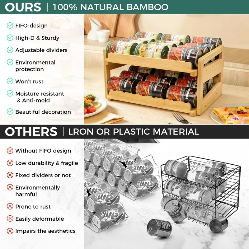 MinBoo Adjustable Can Organizer Rack, Two Tier Bamboo Stackable FIFO