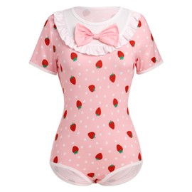 ABAFIP Women's Cute Strawberry Print Short Sleeve Romper Pajamas Bodysuit One Piece Teddy Leotard Top Nightwear Valentine's Day Sleepwear Rose X-Large