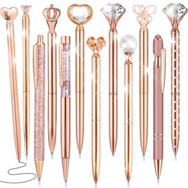 12Pcs Diamond Ballpoint Pens, Glitter Crystal Metal Pens with Black Ink, Retractable Elegant Bling Ballpoint Pens, Fancy Present for Ladies Students Xmas Wedding Graduation School Office (Rose Gold)