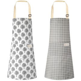 2 Pieces Linen Cooking Kitchen Apron for Women and Men Kitchen Bib Apron with Pocket Adjustable Soft Chef Apron (Grey Plaid Style)