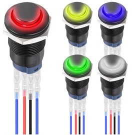 MKBKLLJY 5Pcs 12mm Latching LED Push Button Switch Black Shell IP65 Waterproof Self-Locking Push Button Switch SPST 2Position ON Off with Terminal Wires for Car 5Color(Red/Yellow/Blue/Green/White)