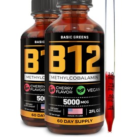 Vitamin B12 Sublingual (Vegan) 2 Fl Oz - Methylcobalamin B12 Vitamins 5000 mcg, B12 Liquid Drops, Methyl B12, Cherry Flavor