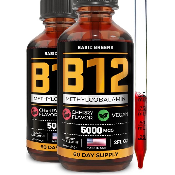 BASIC GREENS Vitamin B12 Sublingual (2 Pack X 2 Fl Oz) - Vegan B12 Methylcobalamin B12 Liquid, Liquid B12, B12 Drops, B 12 Vitamin, Liquid B-12 Vitamin, Cherry Flavor