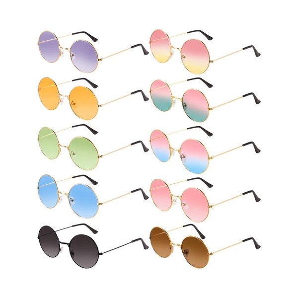 10 Pairs Round Hippie Sunglasses Circle Colored Sunglasses 60's Style Glasses Circle Glasses for Women Men (Cute Colors)