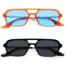 NULOOQ Retro 70s Flat Aviator Sunglasses for Women Men, Vintage Square Small Frame Shades Driving UV400 Protection (Orange/Blue + Black/Gray) - 2 Pack