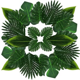 ZIOYA Pack of 48 5 Types Palm Leaves Decorative Leaves Table Decoration Green Artificial Monstera Leaves Jungle Decoration for Party Decorations Beach Birthday Wedding Party and Home Decoration