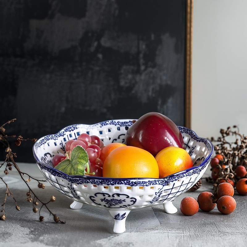 UANYEMON 9.8‘’ Blue and White Ceramic Decorative Bowl with Feet,