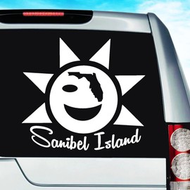 Sanibel Island Florida Cute Tropical Sun Vinyl Decal Sticker Bumper Cling for Car Truck Window Boat Laptop Wall Cooler Tumbler | Die-Cut/No Background | Multiple Sizes and Colors (14” Inch, Red)
