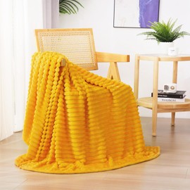 Linecooo Yellow Fleece Throw Blanket 50”×60” for Couch Sofa Bed,Super Soft Cozy Plush Microfiber Flannel Blanket with 3D Stripes Lightweight for Adults,Woman,Girls,Gold
