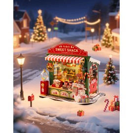 Rolife DIY Miniature House Kit Christmas Candy Stall, 170-Piece Model Kit Dolls House for Teens Adults No Glue Needed, 3D Puzzle Mini House Building Kit 2-Hour Assembly Christmas Decor