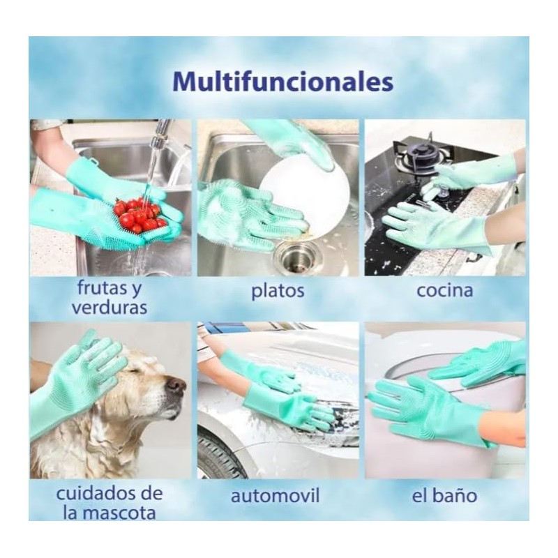 Guantes Silicona Lavar Trastes + Esponja, Grado Alimenticio, Antibacterial