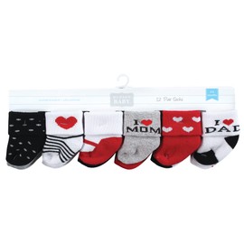 Hudson Baby Unisex Baby Cotton Rich Newborn and Terry Socks, Mom & Dad Girl Red Black, 6-12 Months
