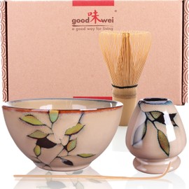 Goodwei Premium Matcha Tea Set - Ceremonial Bowl Chawan, Whisk and Holder + Gift Box (Safaia, 80)