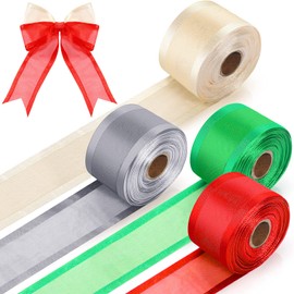60 Yards Christmas Ribbon Wired Satin Edge Organza Ribbon 4 Rolls 1.57 Inch Gold Silver Red Green Wrapping Ribbon Christmas Decorative Fabric Ribbon for Holiday DIY Craft Wrapping Bouquet Bow Wreath