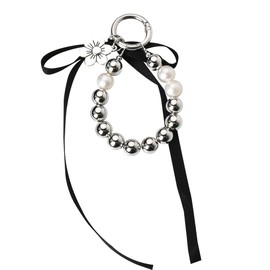 Pearl Keychain Wristlet Lanyard with Bow Silver y2k Car Key Chain Charm Accessories for Keys Purse Backpack Aesthetic Pearl Bead Clip Keychain with Flower Pendant
