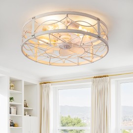 Caged Ceiling Fan with Light 20" Flush Mount Ultra Quiet DC Motor Remote Control Low Profile Ceiling Fan Light Combo for Bedroom/Kitchen, Vintage Industrial Farmhouse Design (Antique White Gold)