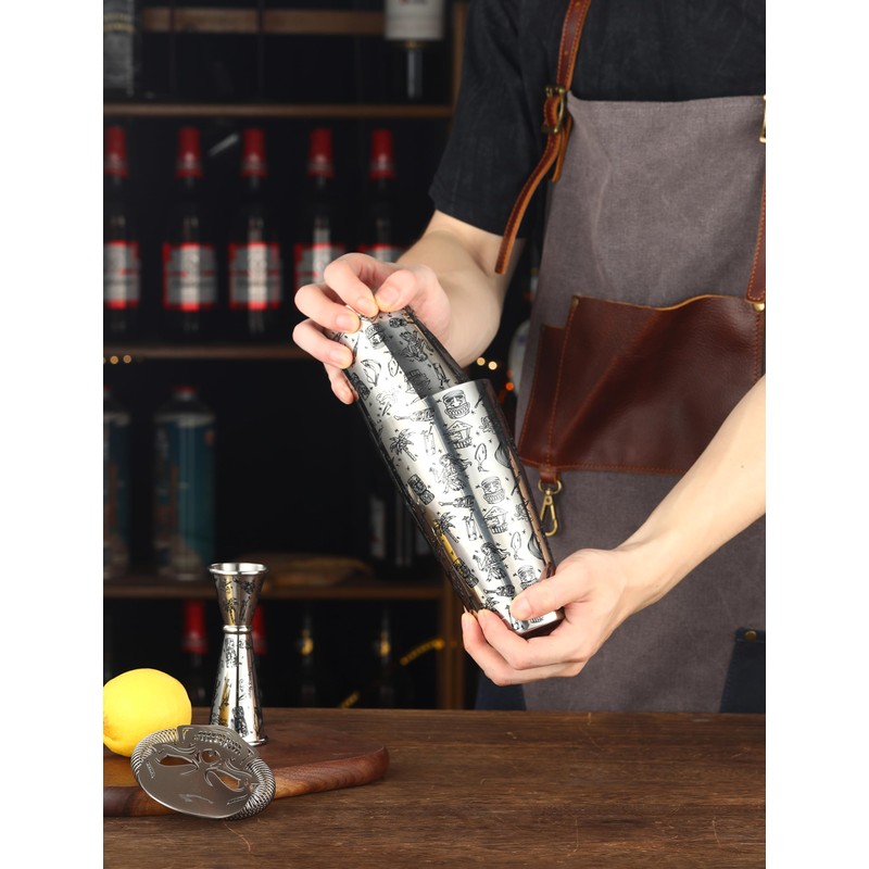 Weighted Boston Shaker Cocktail Shaker Etched with Tiki Imagery (Tiki