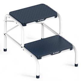 Two Step Stool for Adults, Heavy Duty Stepping Stool with Non-Slip Rubber Feet Metal Stool for Bedroom Kitchen Bed Steps for High Beds, 330 Lbs Capacity