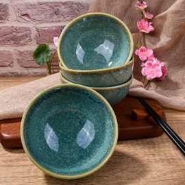 BOSILI Porcelain Rice Bowls Ceramic Sushi Bowl Set of 4 Perfect for Soup Cereal Oatmeal Fruit Rice Microwave and Dishwasher Safe Green