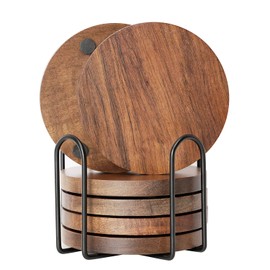 Acacia Wood Coasters for Drinks with Holder Set of 6, Brown Wooden Drink Coasters for Tabletop Protection Coffee Dining Table Desk Home Christmas Decor Round with Non-Slip Pad Cup Coasters