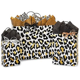 125 Pack, Golden Leopard Paper Shopping Bag Assortment 50 Rose (5-1/4" x 3-1/2" x 8-1/2"), 50 Cub (8-1/4" x 4-3/4" x 10-1/2") and 25 Vogue (16" x 6" x 12-1/2"), Made in USA