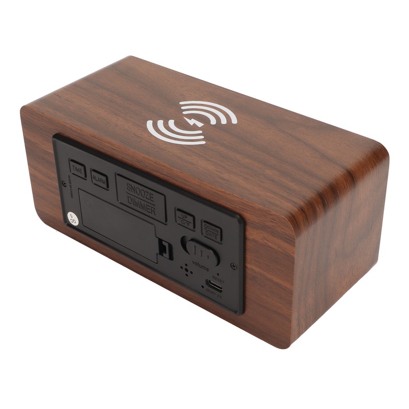 Wooden Digital Alarm Clock Yellow LED Display Adjustable Dimmer Weekday