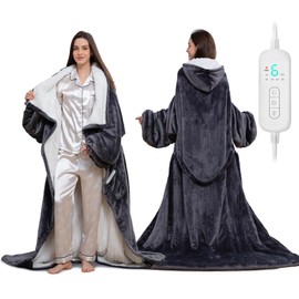 Wearable Heated Blanket with Heated Foot Pocket, Electric Wearable Throw Blanket with Sleeves, Hood, Foldable Foot Pocket, Heated Blanket Throw with 8 Heat Levels, 1-10H Auto Off Settings, 50*70"+18"