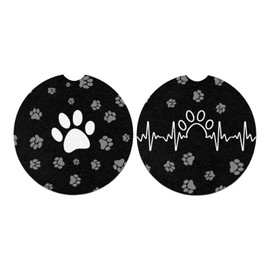 Gearider Black Dog Paw Car Coasters for Drinks Absorbent with Rubber, Cute Car Coasters Set of 2 with A Finger Notch for Easy Removal, Auto Accessories for Women & Men