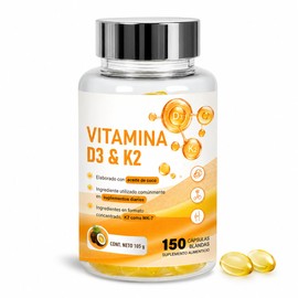Vitamina D3 400 UI + K2 MK-7, 150 Cápsulas Blandas | Vitamina D y vitamina D3 K2 con vitamina K2 MK-7 y aceite de coco; 1 cápsula al día, fácil de ingerir.