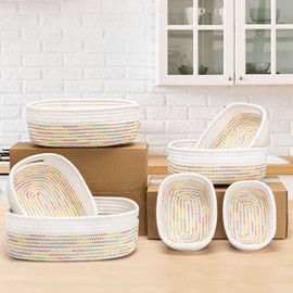 HLWDFLZ 7 Piece Cotton Rope Woven Basket Set - Woven Storage Basket Pets Toy Cotton Rope Basket for Organizing, Small Basket for Montessori, Dog Cat Toy Box, Baby Nursery (Off White/Rainbow Stitching)