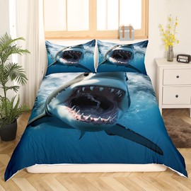 Shark Duvet Cover Set Twin Size,Ocean Animal Sealife Bedding Set,Boys Men Room Decor,Underwater World Marine Creature Comforter Cover,Sea Blue Quilt Cover,1 Pillowcase(No Filler)