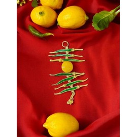 Stylish Single Metal Yellow & Green Nimbu Mirchi Wall Hanging with Crystal Beads Used as protection from an Evil eye.