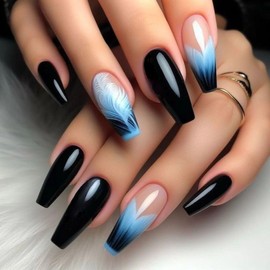 Press on Nails Long Coffin Fake Nails Ombre Acrylic False Nails with Design Gradient Black Blue Glue on Nails Glossy Marble Nails Summer Wave Nails for Women Girls Manicure 24pcs