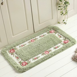 FAONIE Pretty Floral Rural Style Romantic Rose Flower Rug Shaggy Area Rugs Soft Non-Slip Doormat Floor Mat Bath Mat Bathroom Shower Rug Bedroom Living Room Carpet (Light Green, L)