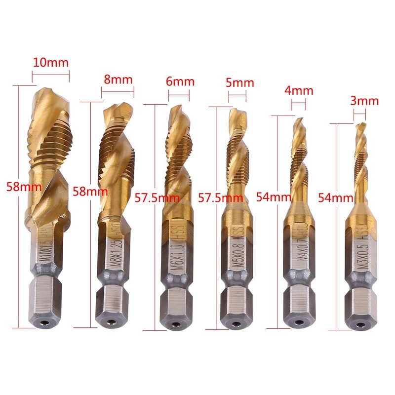 KSTE Hex Shank Drill, 6 Pieces Metric Thread M3-M10 Titanium