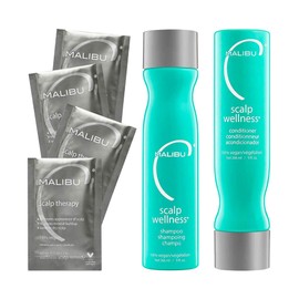 Malibu C Scalp Wellness Collection - Soothing Shampoo and Conditioner Hair Care Set for Dry Scalp - Formulated with Vitamin C Antioxidant Complex - Travel Size Scalp Remedy Packets Included (33.8 oz)