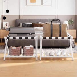 Smart FENDEE Fully Assembled White Luggage Racks Set of 2, Folding 5-Straps Heavy Duty Suitcase Stand, Wide Bamboo Luggage Holders Foldable Suitcase Racks Ideal for Guest Room, Bedroom, Hotel