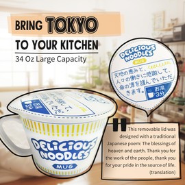 Sophie & Panda Porcelain Instant Noodle Bowl Mug With Handle 34 Oz - A Must-Have Accessory For Anyone Who Loves Asian Noodles - One Novelty 5.5” X 4.5” Ramen Bowl with Lid (Blue)