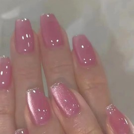 Cat Eye Press on Nails Medium Almond Fake Nails Nude Pink Nails Press ons Shiny False Nails Glossy Glue on Nails Daily Acrylic Nails Bling Artificial Nails Full Cover Stick on Nails for Women 24Pcs
